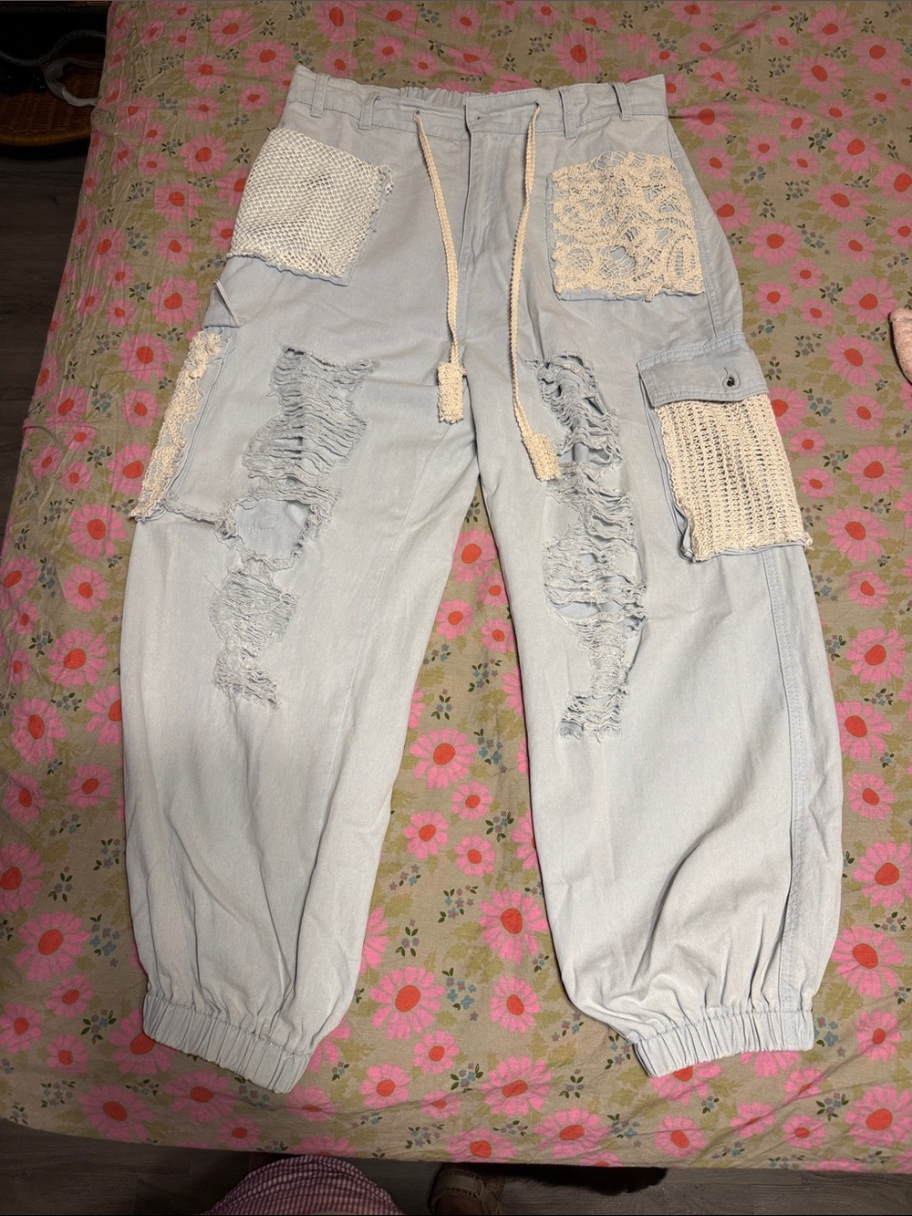 POL Light Blue Cropped Distressed Jeans with Cream Crochet Patches